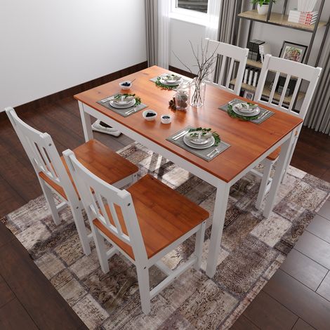ELEGANT Solid Wooden Dining Table and 4 Chairs Set Dining Kitchen Furniture - Honey, Natural Pine (1/5)