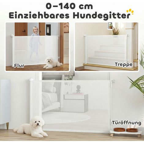 Barrière extensible blanche pour escalier et porte, de 0 à 140 cm, ouverture facile à une main, idéale pour animaux, pour cage d'escalier et entrée.