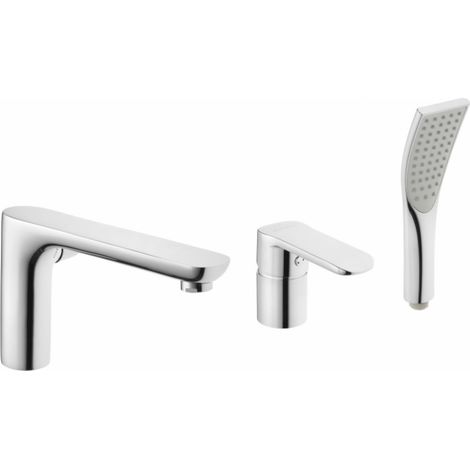 Invena Robinet de baignoire Siros - Chrome - Mitigeur 3 trous - Douchette extractible - Mitigeur monocommande