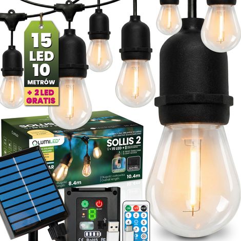 Ghirlanda solare da giardino con 15 lampadine LED decorative, 10,4 m, 2700K luce calda + telecomando IP65 Sollis 2 Lumiled (1/5)