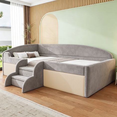 Lit simple 90x190 cm - Lit enfant avec marches et barrières, tissu velours doux - Design colorblock, gris + beige