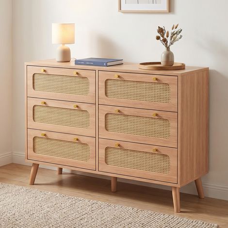 Cassettiera a 6 cassetti, 100x34x73cm, mobile contenitore, frontali in rattan, legno e metallo, naturale (1/5)