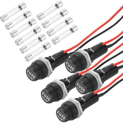 5 Pcs Porte-Cartouche À Fusible À Monter sur Panneau, 6 x 30mm 10/15A DC 125/250V Capuchon À Vis À Bornes Annulaires avec Fils Pré-Soudés Et 10A Fusibles À Tube en Verre (1/5)