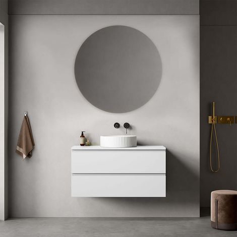 Mobile bagno sospeso 100 cm Bianco Opaco per Lavabo d'appoggio Specchio Tondo - Fiji Paint Top (1/4)