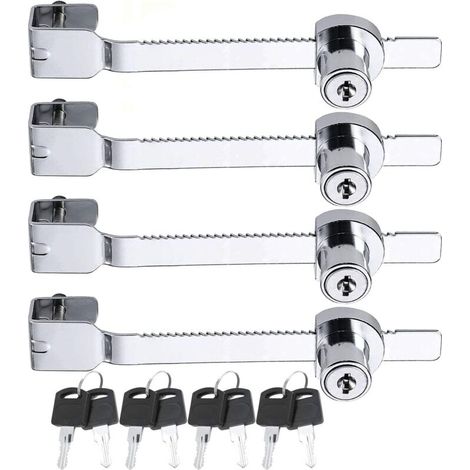 Lot de 4 serrures à scie coulissante avec clé pour vivarium, terrarium, vitrine, serrure à cliquet pour porte vitrée, serrure à clé identique, argent (1/4)