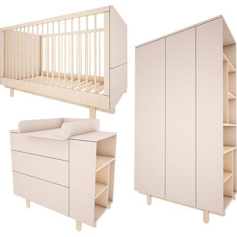 Chambre bébé complète lit évolutif 70x140 – Commode à langer 3 tiroirs – Armoire 2 portes – Panneaux MDF stratifiés – Bois de hêtre – Couleur cachemire