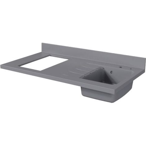 Cuisibane – Plan de travail monobloc en quartz 120 cm – Évier à droite – Crédence moulée 10 cm – Vidage automatique – Fabrication européenne