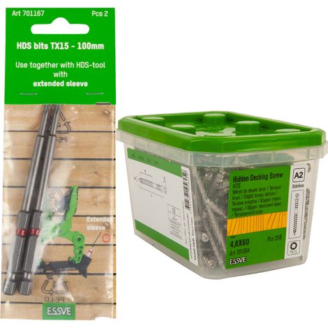 Tornillos para terrazas ESSVE HDS NN de acero A2, 4,8 x 60 mm, 250 unidades + puntas TX de 15 x 100 mm, 2 unidades (1/5)