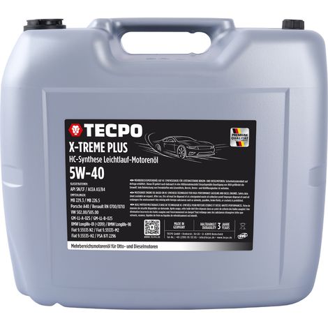 TECPO Motoröl 5W40 Öl X-TREME Plus Öl, 20 Liter 5W-40 Gebinde HC-Synthese für Diesel-und Benzinmotoren entspricht API SN/CF / ACEA A3/B4 / 502/505 / 226.3/226.5 / Longlife 01/98