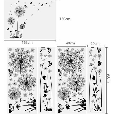 PIECES Noir Pissenlit Stickers Muraux pour Décoration Murale, Pissenlit Stickers Muraux Chambre Salon TV Fond Mur DIY Plante Art Stickers Peinture Murale Peinture Murale 165x130cm (1/4)
