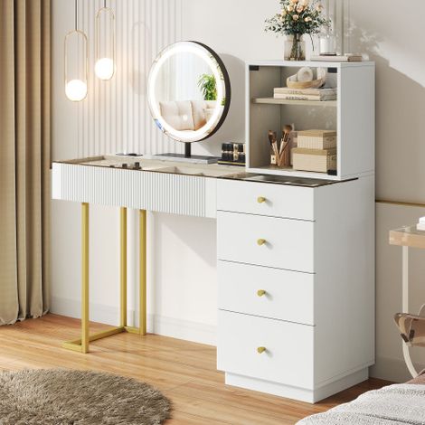 Coiffeuse avec miroir 120x40x120cm - avec LED réglable - avec 5 tiroirs et 1 porte vitrée - Blanc (tabouret non inclus) (1/5)