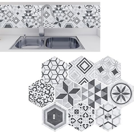 Lot de 10 autocollants hexagonaux pour carrelage mural, sol, imperméable, antidérapant, pour cuisine, salle de bain, chambre à coucher (1/5)