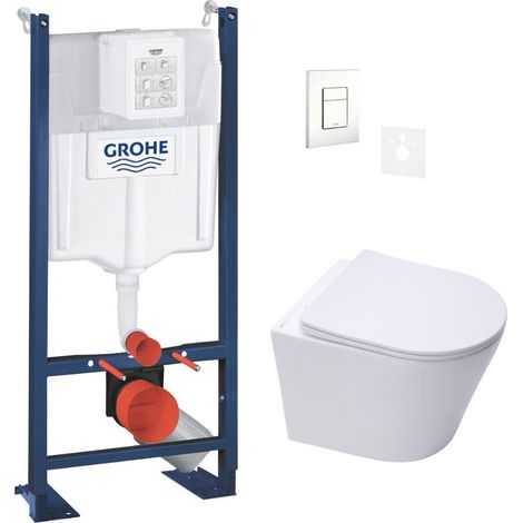 Pack WC Bâti autoportant + WC suspendu sans bride Infinitio + Abattant softclose + Plaque Blanche + Set d'isolation phonique