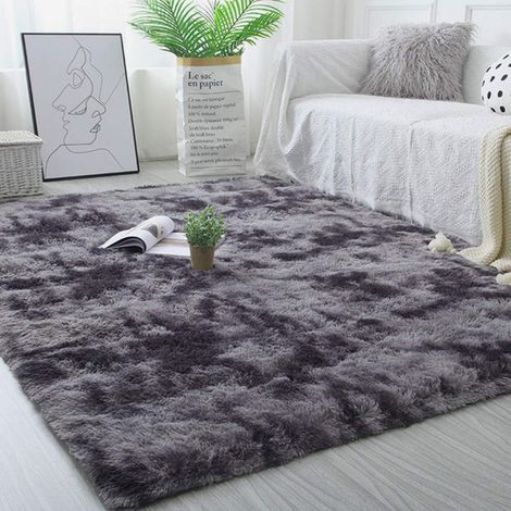 Tapis à poils longs moelleux et antidérapant, extra doux pour chambre et salon – Confort épais, moderne, dimensions 160x200 cm (Noir/Gris)–DELKEVIC