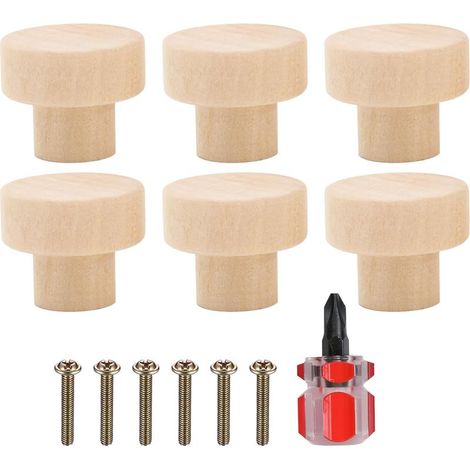Lot de 6 boutons de meubles en bois, boutons de tiroir en bois, boutons de meuble, boutons en bois de 30 x 23 mm pour porte de placard, tiroir, placard, boîte à chaussures, avec une visseuse (1/4)