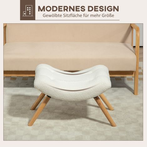 Pouf moderne en polaire blanc crème avec pieds en bois, capitonné, idéal pour salon, chambre ou couloir. (1/4)