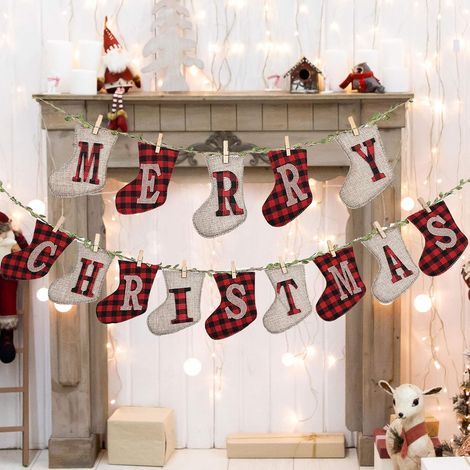 Christmas banner, checkered jute Christmas tree garland with pine tree motif (1/5)
