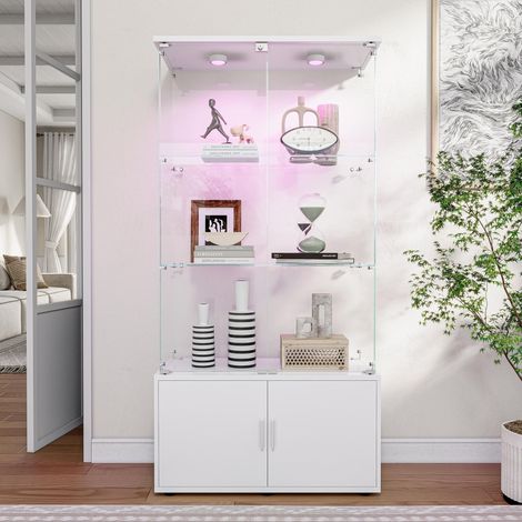 Vitrine en verre avec LED éclairage, 3 niveaux, bibliothèque de collection et grand espace de rangement. Idéale pour les collections, les salons ou les bureaux - Blanc