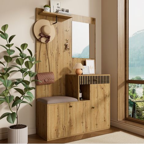 meuble rangement entrée miroir 110 cm MDF noir naturel OKMYHOME (1/5)