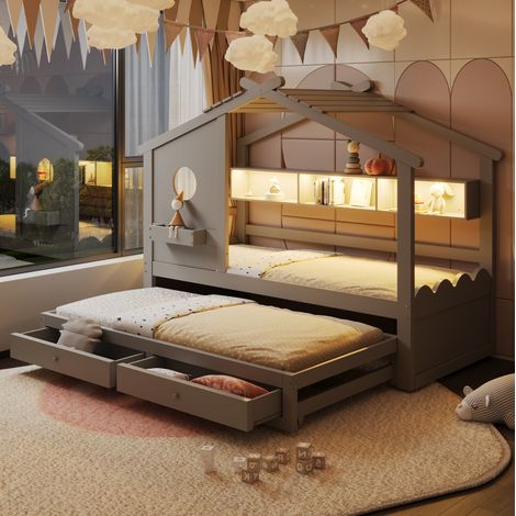 Bett Schlafbett Kinderbett 90 200 Stauraum grau OKMYHOME (1/5)