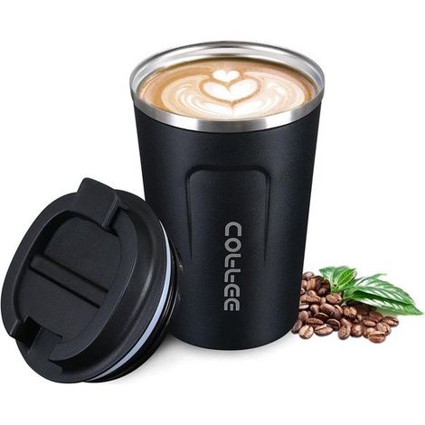 Tazza termica da viaggio da 380 ml, ideale per il caffè fuori casa, in acciaio inossidabile, senza BPA, a doppia parete con isolamento sottovuoto, colore nero. (1/5)
