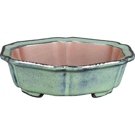 Vaso per bonsai esagonale in gres smaltato verde 15,5x15,5x4 cm - ZX66N