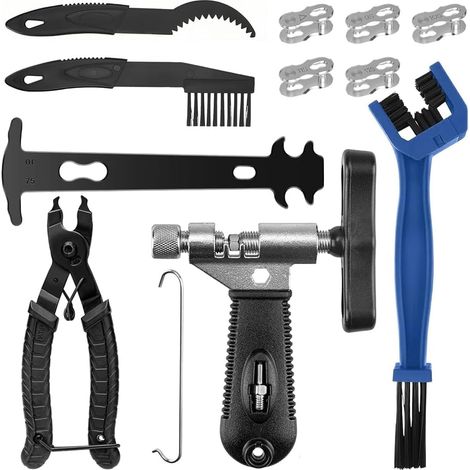 Kit di utensili per catene di biciclette con pinze di bloccaggio, spazzola per la pulizia, pinze per catene e 5 paia di rivetti per catene di biciclette. Kit di riparazione per catene di biciclette da