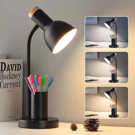 LED desk lamp for home office, table lamp with pen holder, reading light with 3 color modes, desk light with gooseneck arm, metal study lamp, black