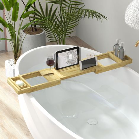 Pont de baignoire extensible en bambou, étagère et plateau avec porte-gobelet et porte-savon, 75-109 x 23 x 4,5 cm (1/5)
