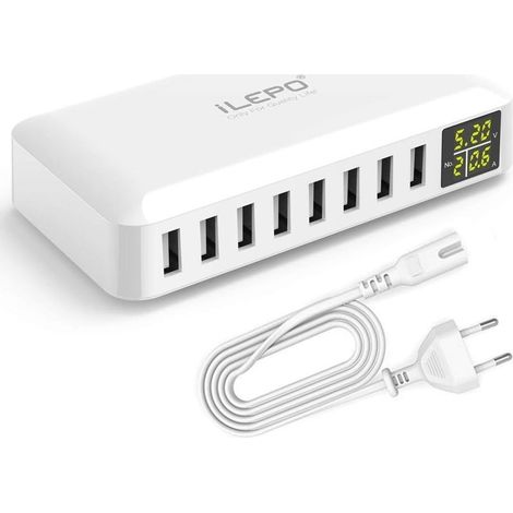 Chargeur USB 5V8A 8 ports – Affichage LCD – Station de recharge intelligente – Protection surcharge et surchauffe – Compatible iPhone, Samsung, Android (1/5)