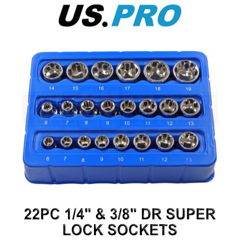 US PRO Super-Lock Shallow Socket Set 22pc 1/4" 6-13mm & 3/8" 6-19mm 1398