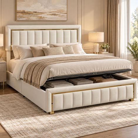 Lit Coffre 140x190, Lit 2 Places Capitonnée avec Coffre de Rangement Hydraulique et Sommier à Lattes, Tête de Lits Rembourré, Lits 2 Personnes avec Rangement pour Adultes et Ado, Velours (Beige) (1/5)