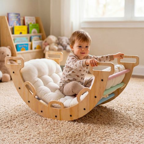 Arche d'escalade à bascule 3-en-1 en bois avec coussin amovible et poignées, pour maison, chambre d'enfant et salle de jeux (1/5)