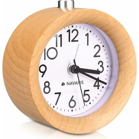 Horloge réveil en Bois - Réveil analogique Classique Rond en Bois Naturel - Horloge à Aiguilles avec Fonction Alarme Snooze et lumière-LIAIKI (1/5)