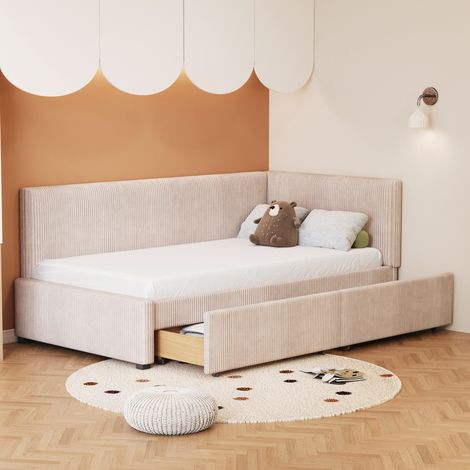 Lit 90x200 banquette avec 2 tiroirs en tissu beige HAVRYA (1/5)