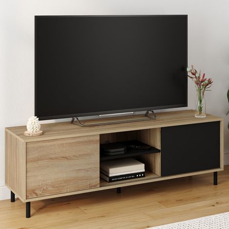 Soporte de TV EASY de 140 cm, montaje sin herramientas, 2 puertas correderas reversibles, efecto madera y negro