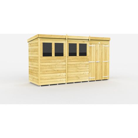 12 x 4 Feet Pent Shed - Double Door With Windows - Wood - L118 x W358 x H201 cm