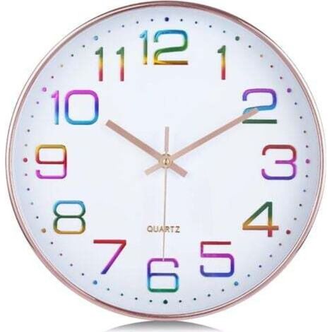 3D-Wanduhr mit mehrfarbigen Zahlen, geräuschlose, moderne 30-cm-Wanduhr in Roségold, gut lesbar ohne Ticken, dekorativ für Küche und Wohnzimmer