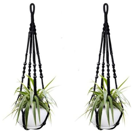 Deux paniers suspendus en corde de coton noir pour plantes d'intérieur, de 98 cm chacun, ornés de perles en bois. Crochets non inclus.