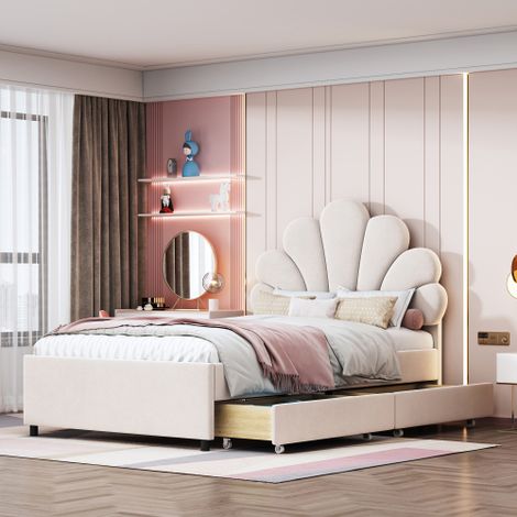 Lit d'enfant convertible 90 x 200 cm, cadre de lit avec tête de lit fleuri et sommier, avec 2 tiroirs, lit pour fille-lit d'invité en velours doux pour la peau (1/5)