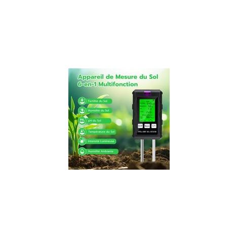 Testeur de pH du Sol 6 en 1, Testeur pour Humidité/Fertilité/pH/Température/Lumière/Humidité Ambiante (1/3)