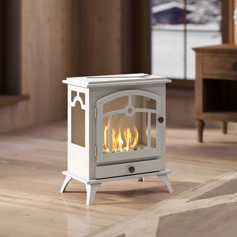 Poêle à bioéthanol indépendant 45x28x54cm Blanc avec réservoir de 0,9 L Arrête-flamme en acier inoxydable Temps de combustion 3H