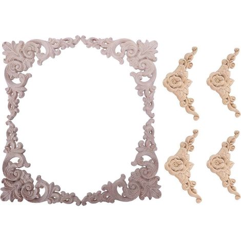 Lot de 8 appliques décoratives d'angle en chêne sculpté, pour meubles, portes et autres objets à réaliser soi-même : 4 pièces de 12,5 x 12,5 cm et 4 pièces de 8 x 8 cm. (1/5)