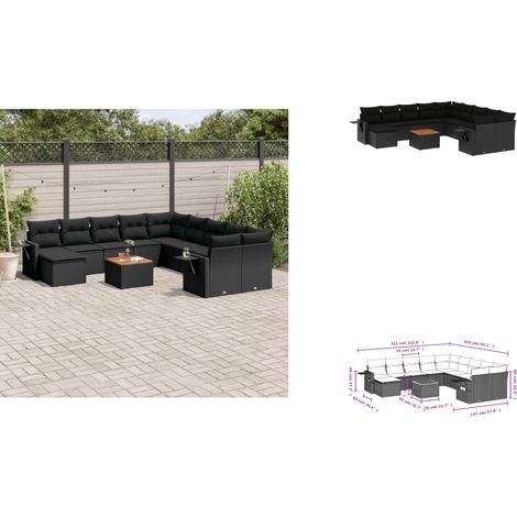 12-tlg. Garten-Sofagarnitur mit Kissen Schwarz Poly Rattan - Gartenmöbel - Esszimmergarnituren - Outdoor Möbel - Lounge Set - Rattan Gartenmöbel