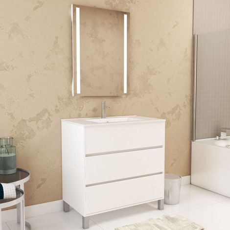 pack meuble salle de bains 80cm blanc 3 tiroirs, vasque, miroir 60x80 à leds intégrées - xenos