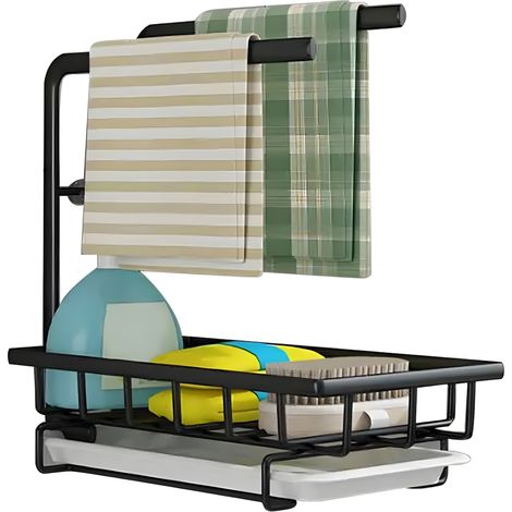 Heikoeco® Organiseur d'Evier, Organiseur de Cuisine en Métal, Organiseur de Salle de Bains avec Porte Eponge & 2 Porte-Lavettes & Egouttoir Amovible, Rangement Extra Durable pour Cuisine (Noir, fixati (1/5)