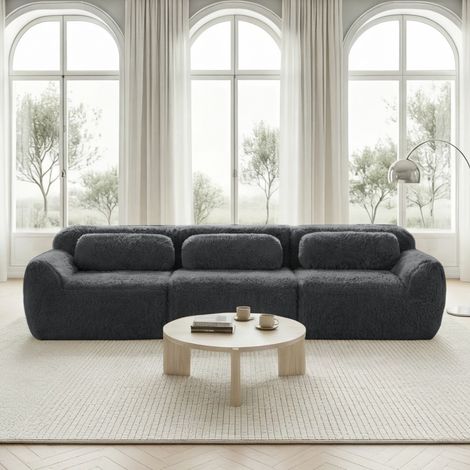 Canapé modulaire 3 places gris en peluche avec coussins et base antidérapante (1/5)