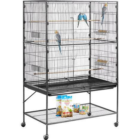 Cage Oiseau 93x58x151 cm Volière Oiseaux Toit Plat Cage Perroquet sur Pied Roulettes pour Mésange Bleue Calopsitte Canari Perruche Ondulée Conure, avec Perchoirs Plateau Coulissant Mangeoires (1/5)