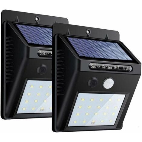 Lot de 2 Lampe Solaire Extérieur, 20 LED Applique Murale Solaire Etanche avec Détecteur de Mouvement,Lumière de Sécurité Projecteur Spot éclairage Solaire Sans Fil pour Jardin