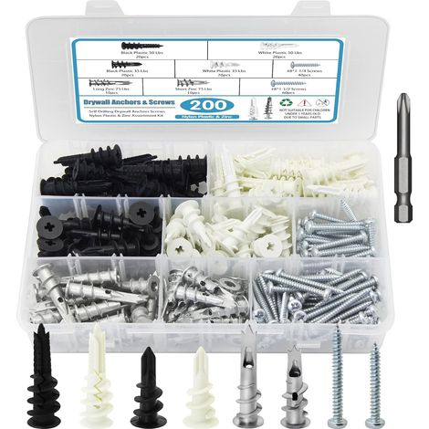 Kit de 200 tacos y tornillos autorroscantes para placas de yeso, ideal para paneles de yeso, puertas huecas y paredes enlucidas. (1/5)